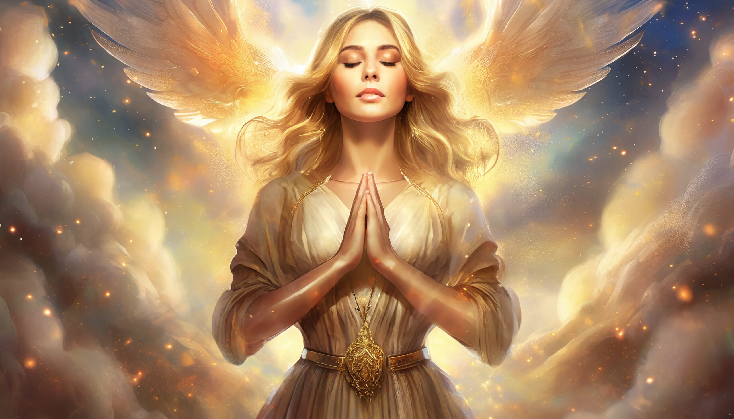 Firefly A blonde goddess of love with her head bowed and holding her hands to her heart in prayer po