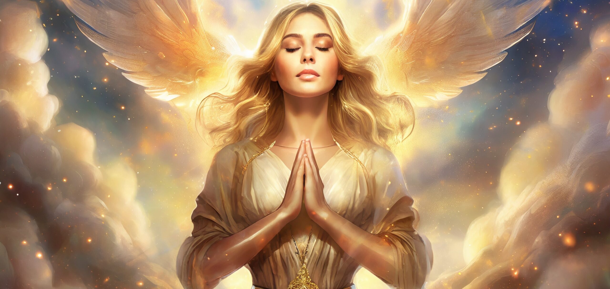 Firefly A blonde goddess of love with her head bowed and holding her hands to her heart in prayer po